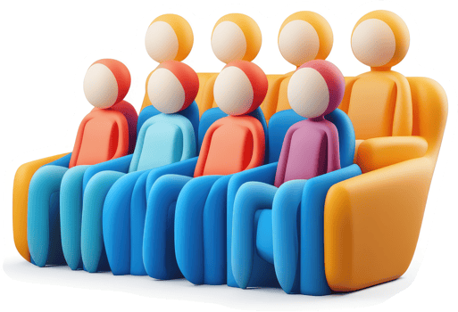 Colorful figures sit comfortably in an arrangement of chairs. png