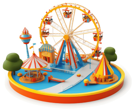 Colorful carnival funfair, with various attractions. png