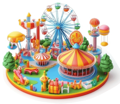 Colorful amusement park landscape showcasing various rides and attractions. png
