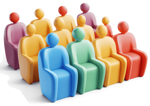 Colorful figures seated in rows, representing a diverse group. png