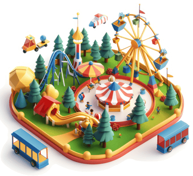 Colorful isometric amusement park scene with rides and attractions. png