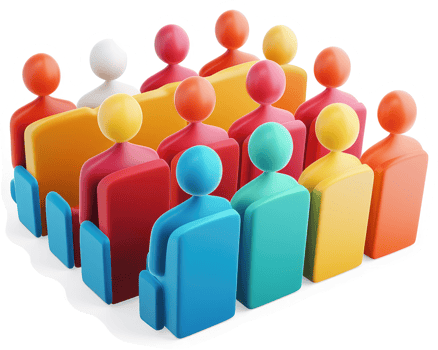 Colorful figures seated in rows, representing a group. png