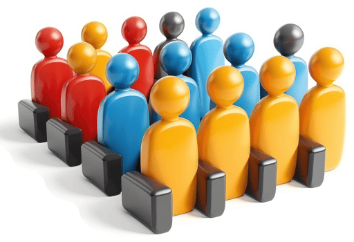 Colorful figures in rows represent a diverse group. png