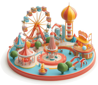 Colorful amusement park with rides and attractions. png