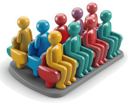 Colorful figures seated in rows on a platform. png