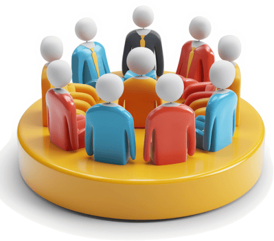 Circular gathering of diverse individuals in discussion. png