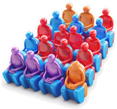 Colorful figures seated in rows, representing a large group. png