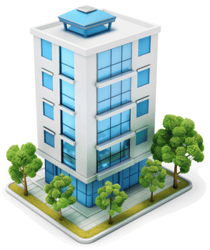 Modern multi-story office building with landscaping. png