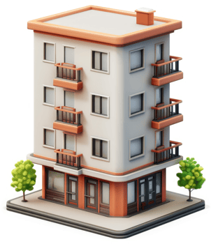Multi-story apartment building with balconies and street-level storefront. png