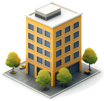 Isometric depiction of a multi-story commercial building. png