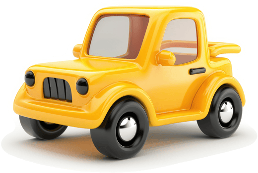 A bright yellow toy car with cartoonish features. png
