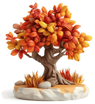 Autumnal miniature bonsai sculpture, vibrant in color. png