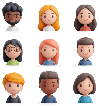 Diverse cartoon avatars of people in various hairstyles and clothing. png