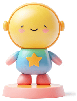 Cheerful, colorful cartoon robot figure with a light-blue appendage. png