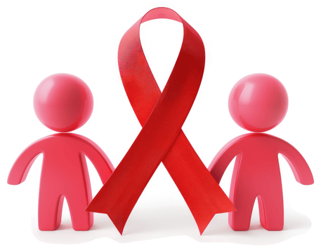 Pink figures hold a red awareness ribbon for childhood cancer. png