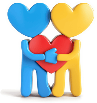 Colorful figures embrace, holding a shared heart. png