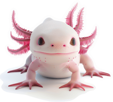 Pink axolotl, a cute amphibian, in a studio setting. png