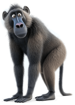 Animated baboon character stands alertly. png