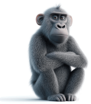Gray chimpanzee sits thoughtfully, arms folded. png