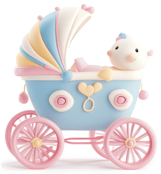 Pastel colored baby carriage with whimsical design. png