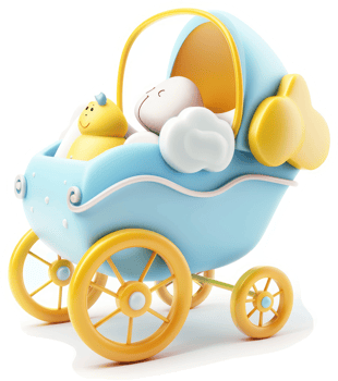 Light-blue baby stroller with cartoon animal companions. png