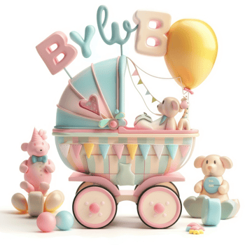 Pastel-colored baby carriage decorated with whimsical characters. png