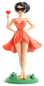 Stylish figurine of a woman in a vibrant red dress, holding wine. png