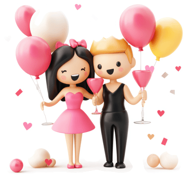 Animated couple celebrating with drinks and balloons. png