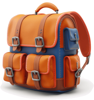 Stylish, orange and blue, leather-look backpack with multiple pockets. png