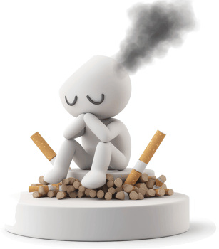 Depressed figure surrounded by cigarettes and smoke. png