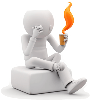 A pensive figure sits holding a steaming coffee cup, contemplating a fiery thought. png
