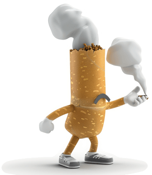 Cartoon cigarette character exhales smoke, highlighting detrimental effects. png