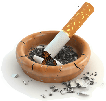 Broken cigarette in an ash tray filled with debris. png