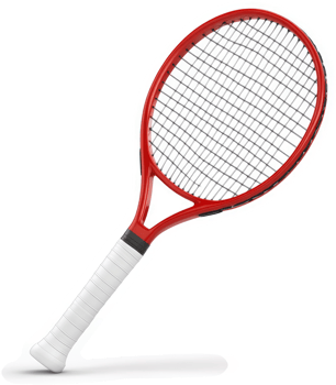A vibrant red tennis racket is shown in a promotional image. png