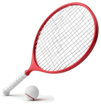 Red tennis racket and ball in dynamic position. png