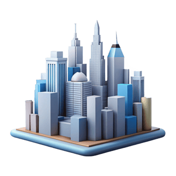 enchanting energetic surreal Scalable geometric city skyline. Flat color, crisp edges, clean lines with Scalable Design. crisp png