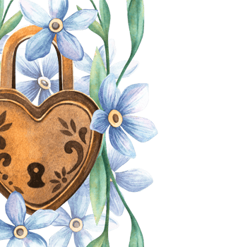 Square frame heart-lock with forget-me-nots. Floral vintage watercolor template of padlock and myosotis flowers. Perfect for wedding invitation, romantic postcard, love Valentine's day or spring decor png