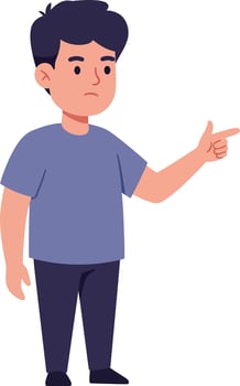 Young boy with dark hair pointing finger wearing casual blue shirt and black pants flat minimal illustration vector