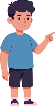 Young boy with dark hair pointing finger wearing blue shirt and black shorts flat style illustration vector