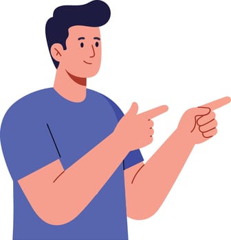 Young man with dark hair pointing to the side wearing blue t-shirt in flat design illustration vector