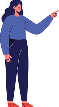 Woman with long hair wearing blue sweater and dark pants pointing to the right in flat minimal art illustration vector