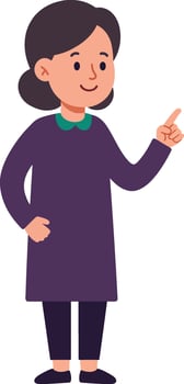 Young woman with dark hair in purple dress pointing finger with confident expression flat design illustration vector