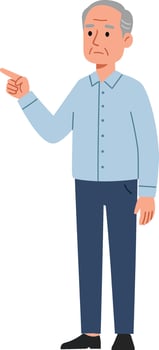 Elderly man pointing with finger wearing blue shirt and dark pants minimal flat style illustration vector
