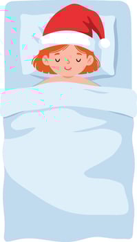 Child wearing red Santa hat sleeping peacefully in bed under soft blue blankets flat style illustration vector