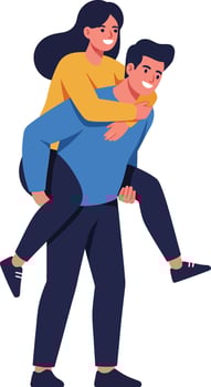 Young man giving woman piggyback ride in casual clothing flat colorful digital illustration vector