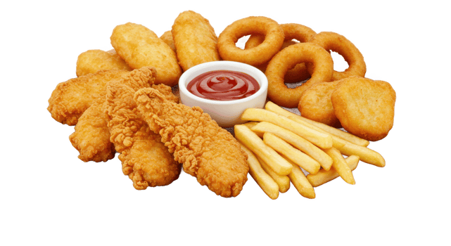 A platter with fried chicken tenders onion rings fries and potato nuggets png
