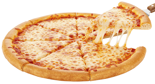 A whole pizza with a slice being lifted showing melted cheese on a transparent png