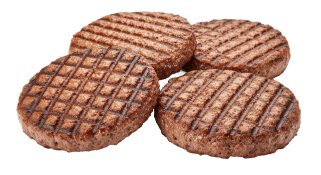 A close up shot of four grilled burger patties with grill marks png