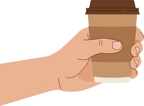Human hand holding a brown disposable coffee cup with lid flat minimal illustration vector