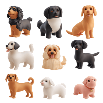 Collection of nine cute cartoon dog figurines with various breeds and colors on a transparent background Concept of pets, toys, and animal companionship png